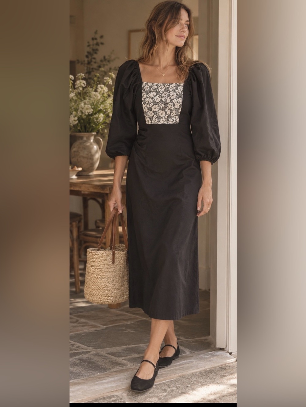 Black Puff-Sleeve Midi Dress with Floral Square Bodice (NWT)